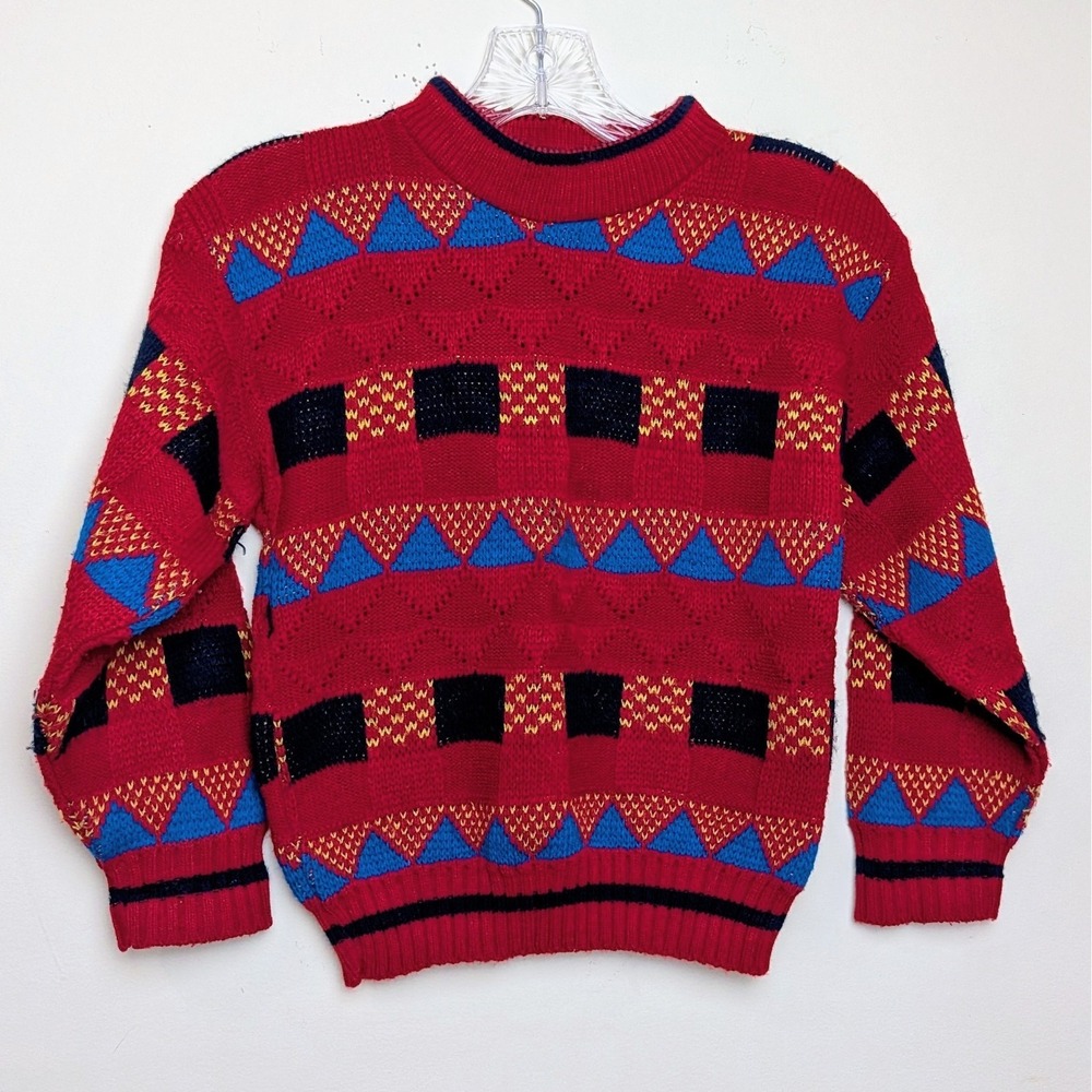 Vintage New Era Geometric Colorblock Knit 90s Sweater Kids Size 8/10